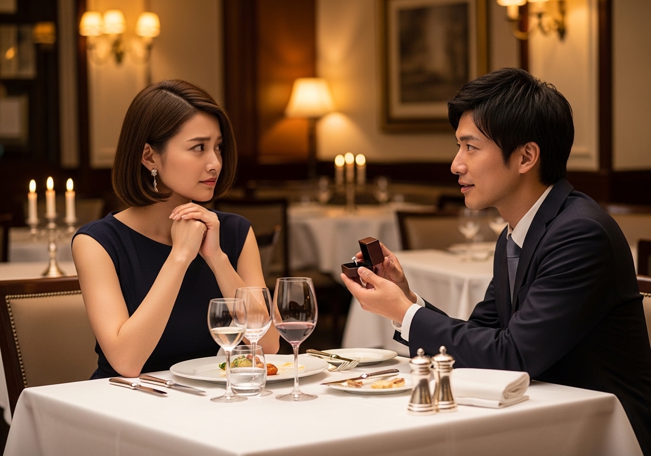 レストランでプロポーズする男性と、少し考え込む表情の女性