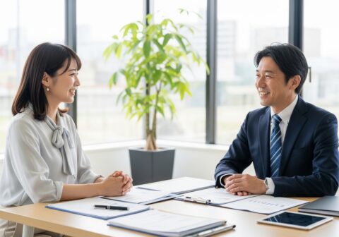 明るいオフィスの相談スペースで、スーツ姿の日本人男性に私服の日本人女性が書類を見ながら相談している様子