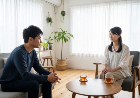明るい部屋で向かい合って話し合うカジュアルな服装の日本人夫婦。男性は神妙な表情で、女性は落ち着いた様子で会話している。