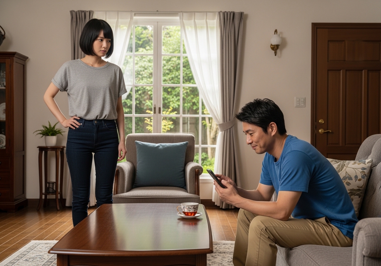 自宅のリビングでスマートフォンを操作する男性を、不安そうな表情で見つめる女性の様子