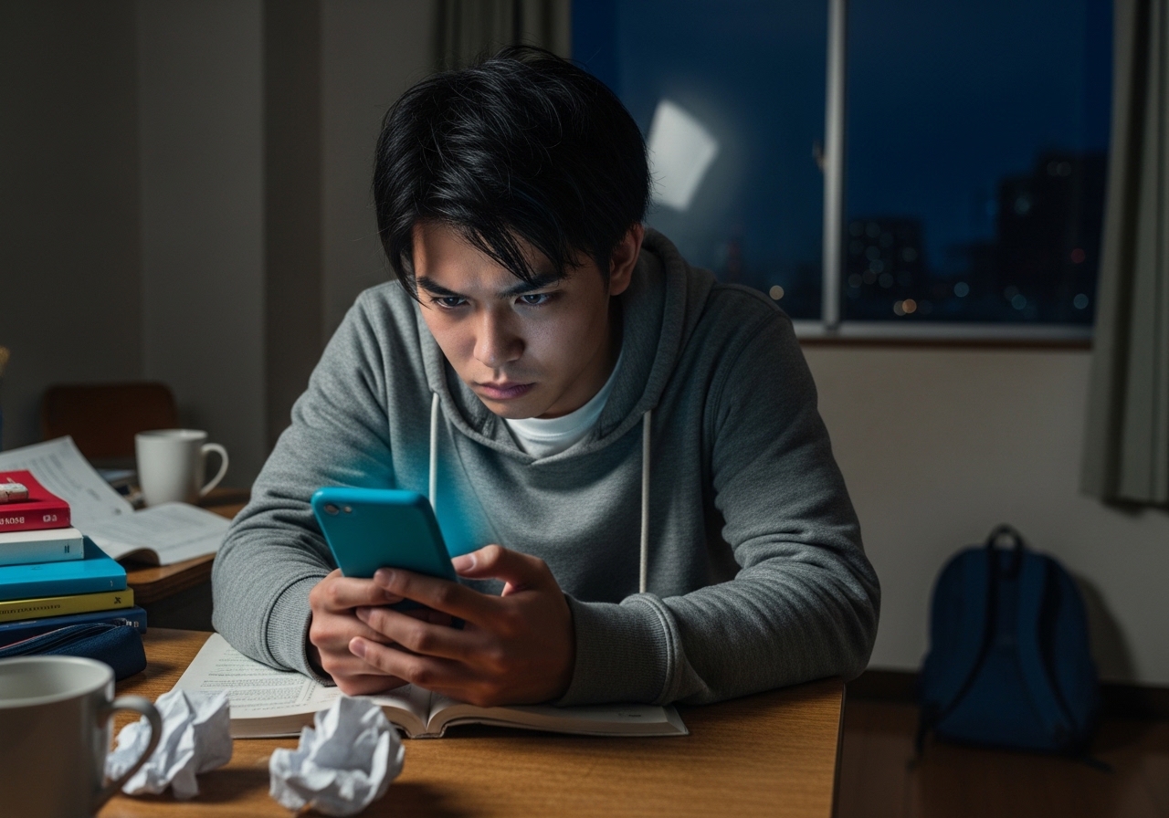 就活中の大学生の息子が疲れた表情でスマホを見つめている様子