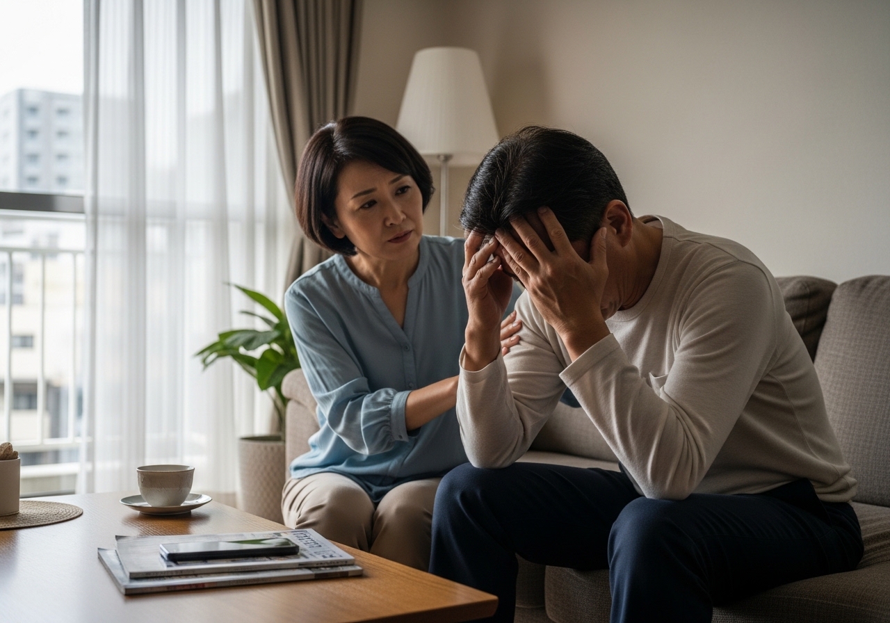 隣人の嫌がらせに悩む50代男性がマンションのリビングで頭を抱え、隣で妻が心配そうに寄り添っている様子