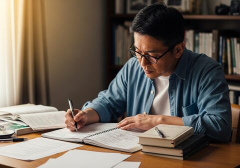 自宅のテーブルでメモや資料を整理しながら証拠を確認する男性の様子