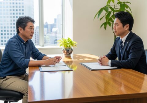 探偵事務所の相談室で担当者と向き合いながら悩みを相談する男性の様子