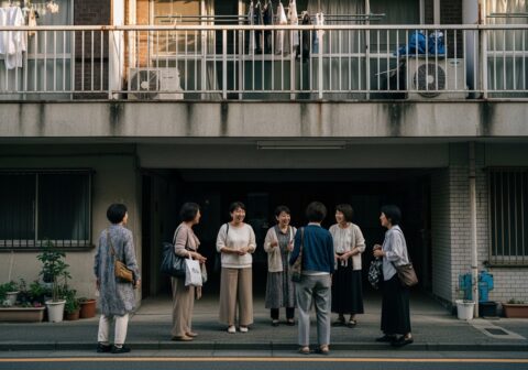 アパートの建物の下で立ち話をする中年女性たちの様子