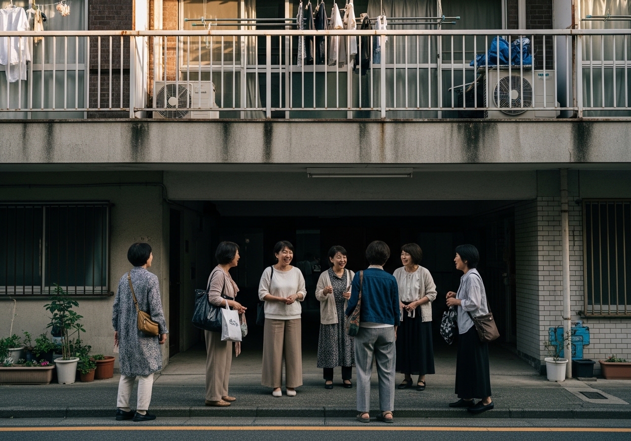 アパートの建物の下で立ち話をする中年女性たちの様子