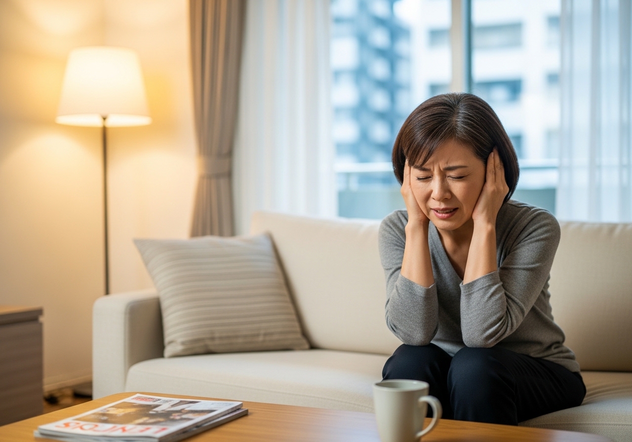 マンションの騒音に悩み耳を塞ぐ女性