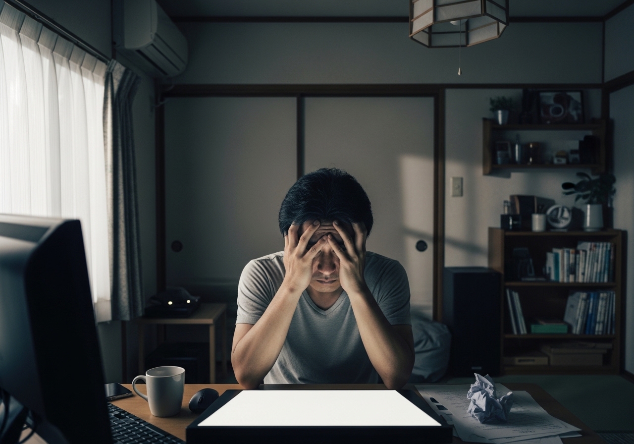 副業や投資詐欺の被害に悩みパソコンの前で頭を抱える男性