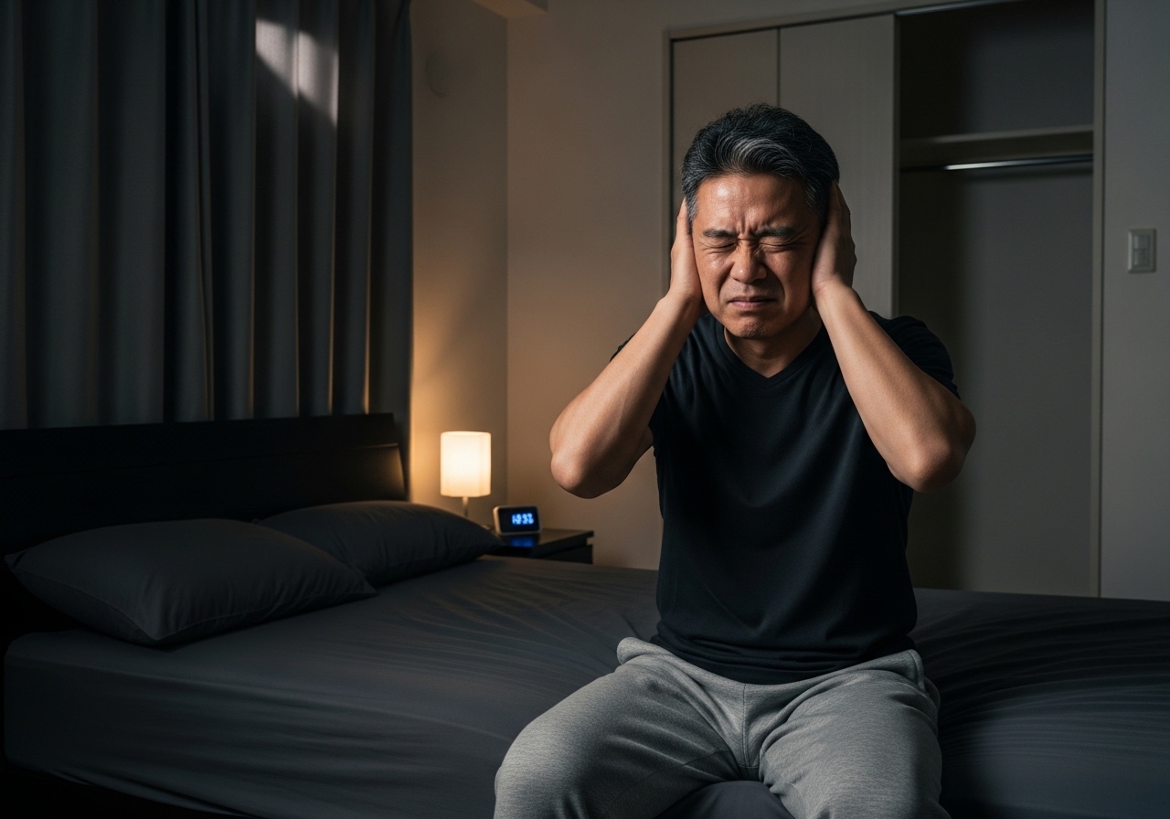 騒音トラブルで眠れず、寝室で耳を塞ぐ男性