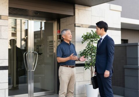 隣人トラブルについてスーツ姿の探偵に相談する60代の男性住民