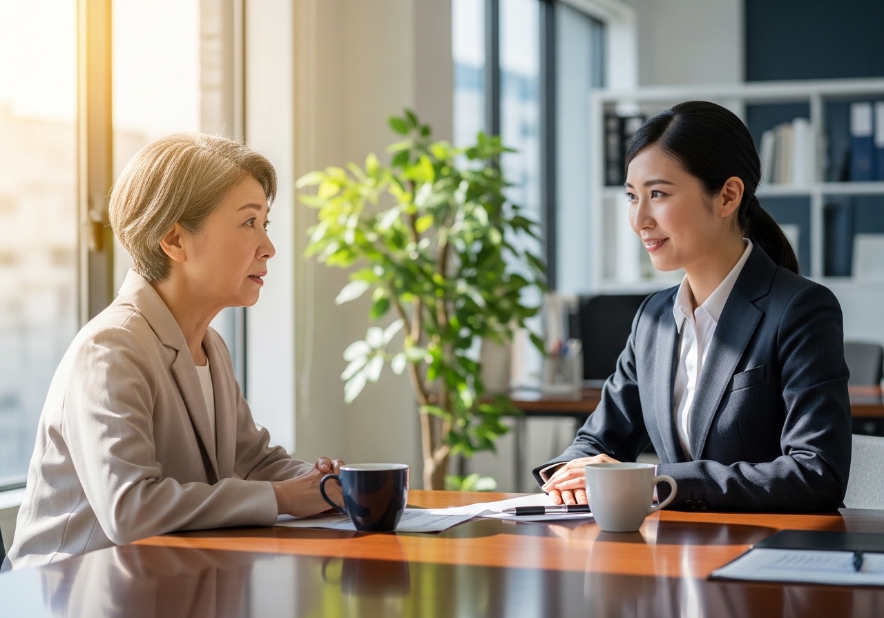 騒音トラブルについて探偵事務所で相談する女性