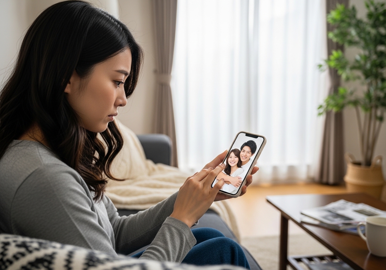 元恋人との写真を見ながら復縁を考えて悲しむ女性の様子