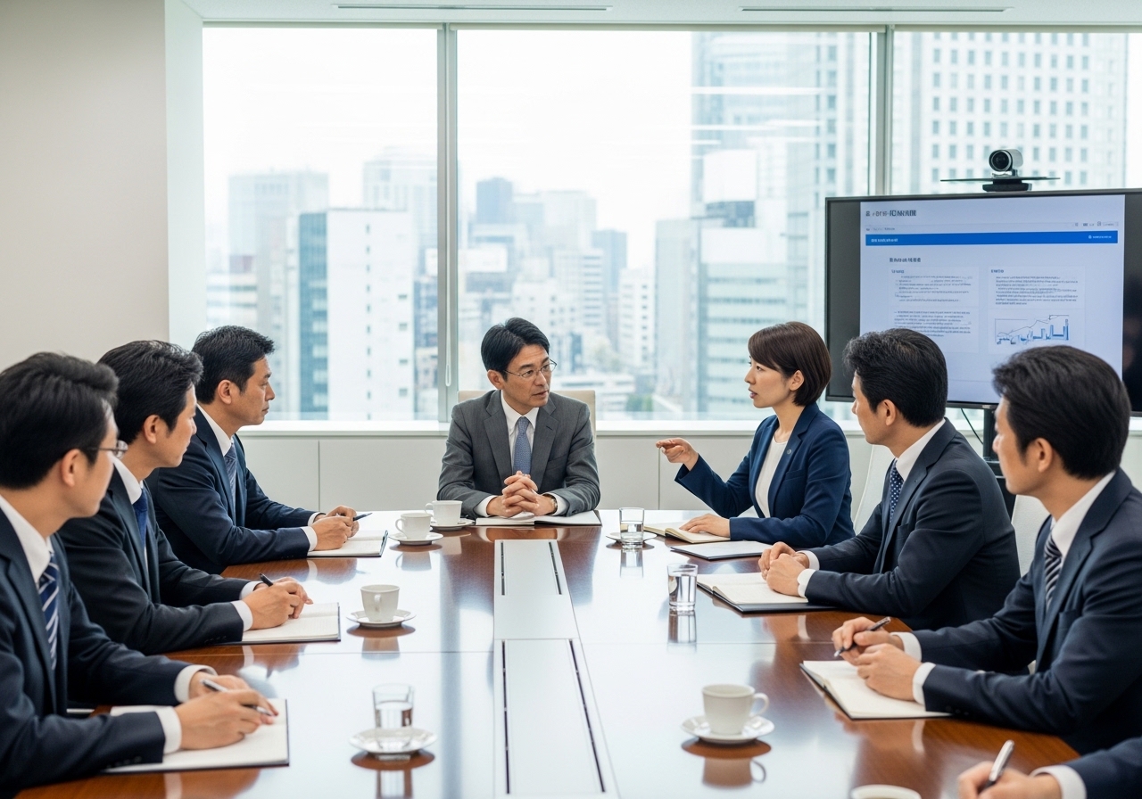 会議室で風評被害への対応を検討する企業のビジネスパーソン