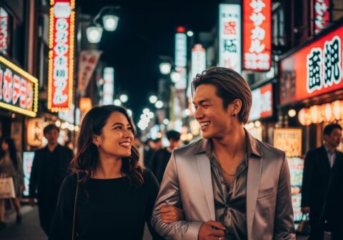 歓楽街で並んで歩くホストと女性の後ろ姿
