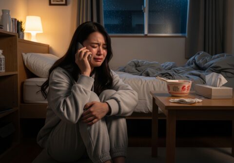 ワンルームで泣きながら電話をする若い女性
