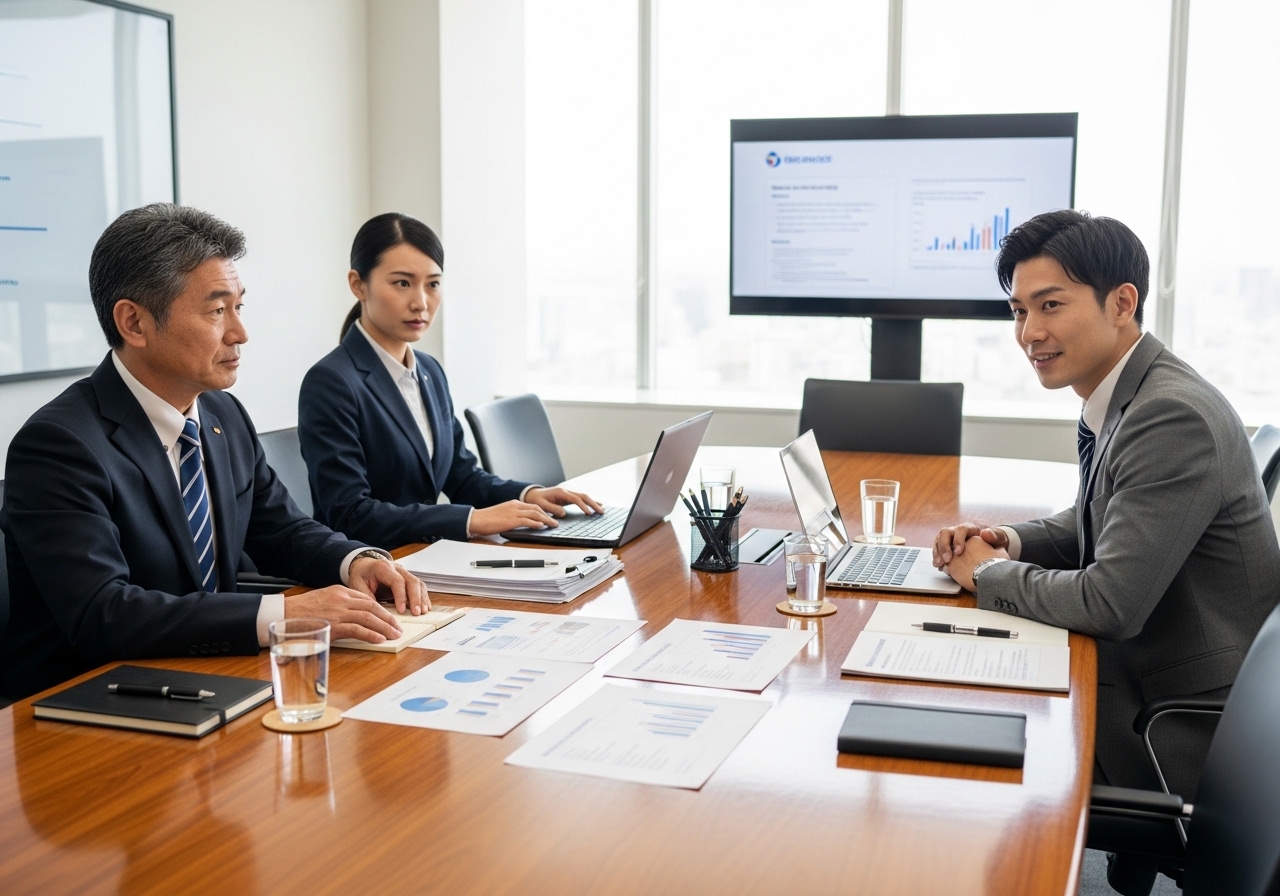 会議室で企業担当者が信用調査の見積もりを前に悩み、調査側の人物が説明している様子