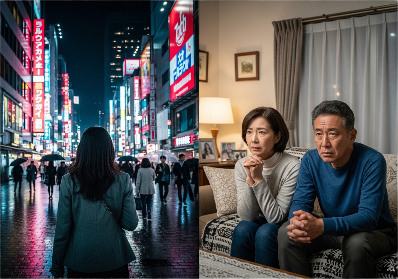 夜の繁華街を歩く若い女性の後ろ姿と、自宅で心配そうに座る親の対比イメージ