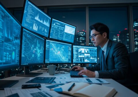 複数のディスプレイが並ぶ事務所で、調査員が風評被害の情報やデータを分析している様子