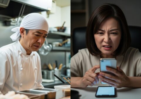 飲食店のシェフが風評被害に悩む様子と、暗い部屋で女性がスマホに誹謗中傷を書き込むイメージ