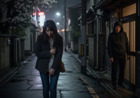 夜の住宅街で不安そうに歩く女性と、後方から様子をうかがう人物のイメージ（ストーカー被害）
