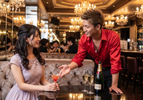 ホストクラブで男性ホストと女性客が会話を楽しんでいる様子