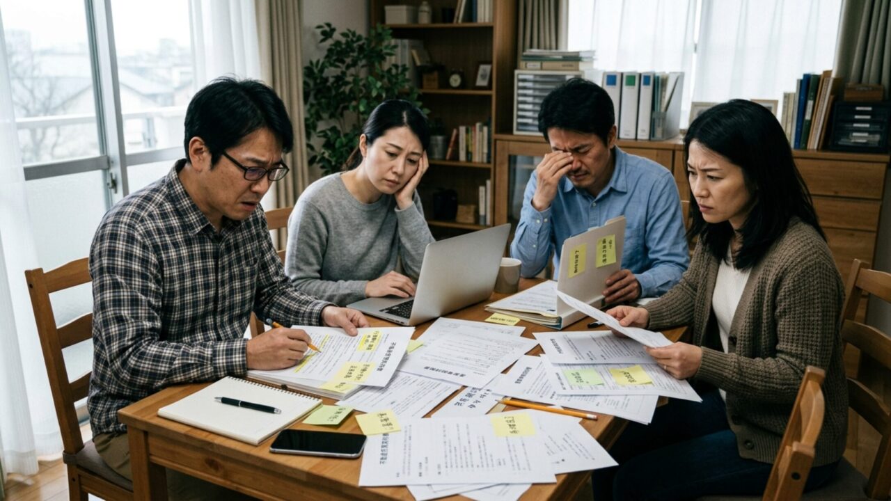 不動産トラブルの費用や証拠収集について書類と電卓を見ながら悩む男女