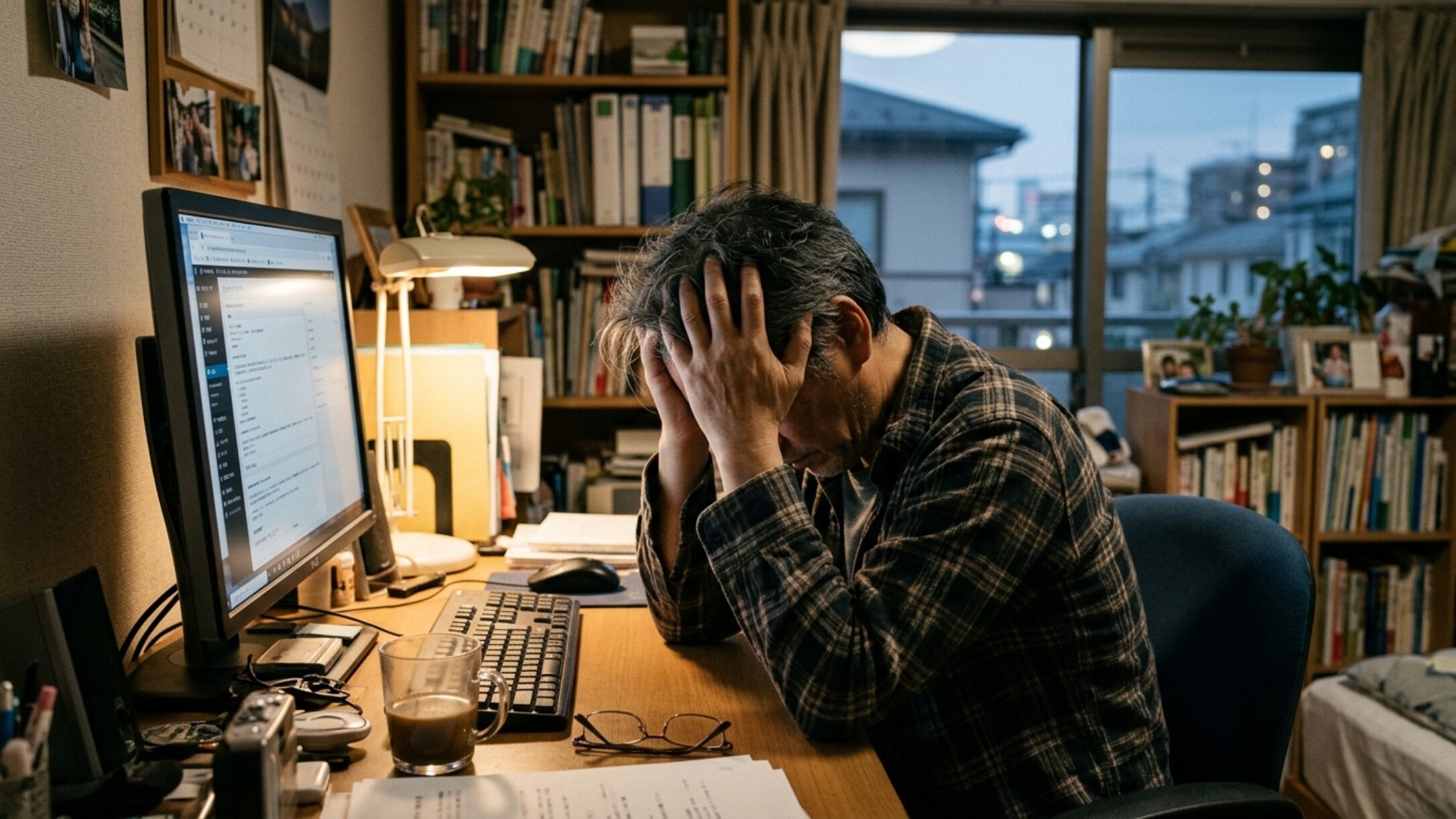 不動産投資詐欺の被害に悩みパソコンの前で頭を抱える50代男性