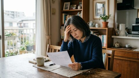マンションのダイニングで紙を見ながら費用について悩み、考え込んでいる40代女性