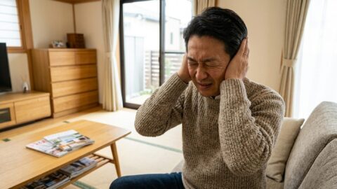 リビングで騒音や嫌がらせに悩み、耳を塞いで不快そうな表情をする50代男性