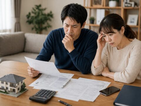 不動産トラブルに悩み、契約書類を見ながら困惑する夫婦の様子