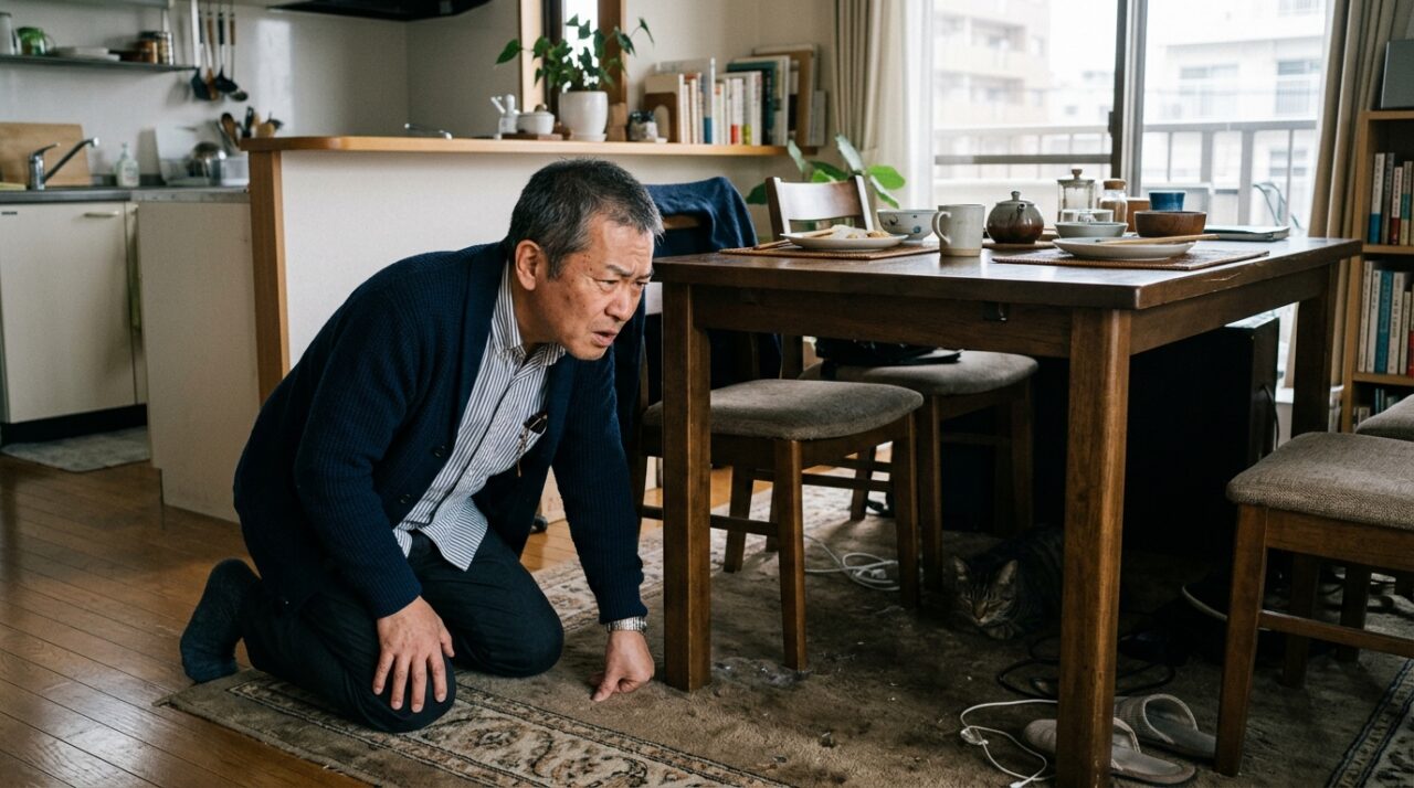 マンションのダイニングで机の下を確認し、不審な様子に戸惑う50代男性