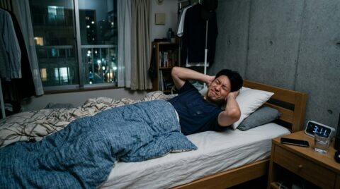 マンションの寝室で上階の騒音に悩み、耳を塞いで不快な表情を浮かべる30代男性