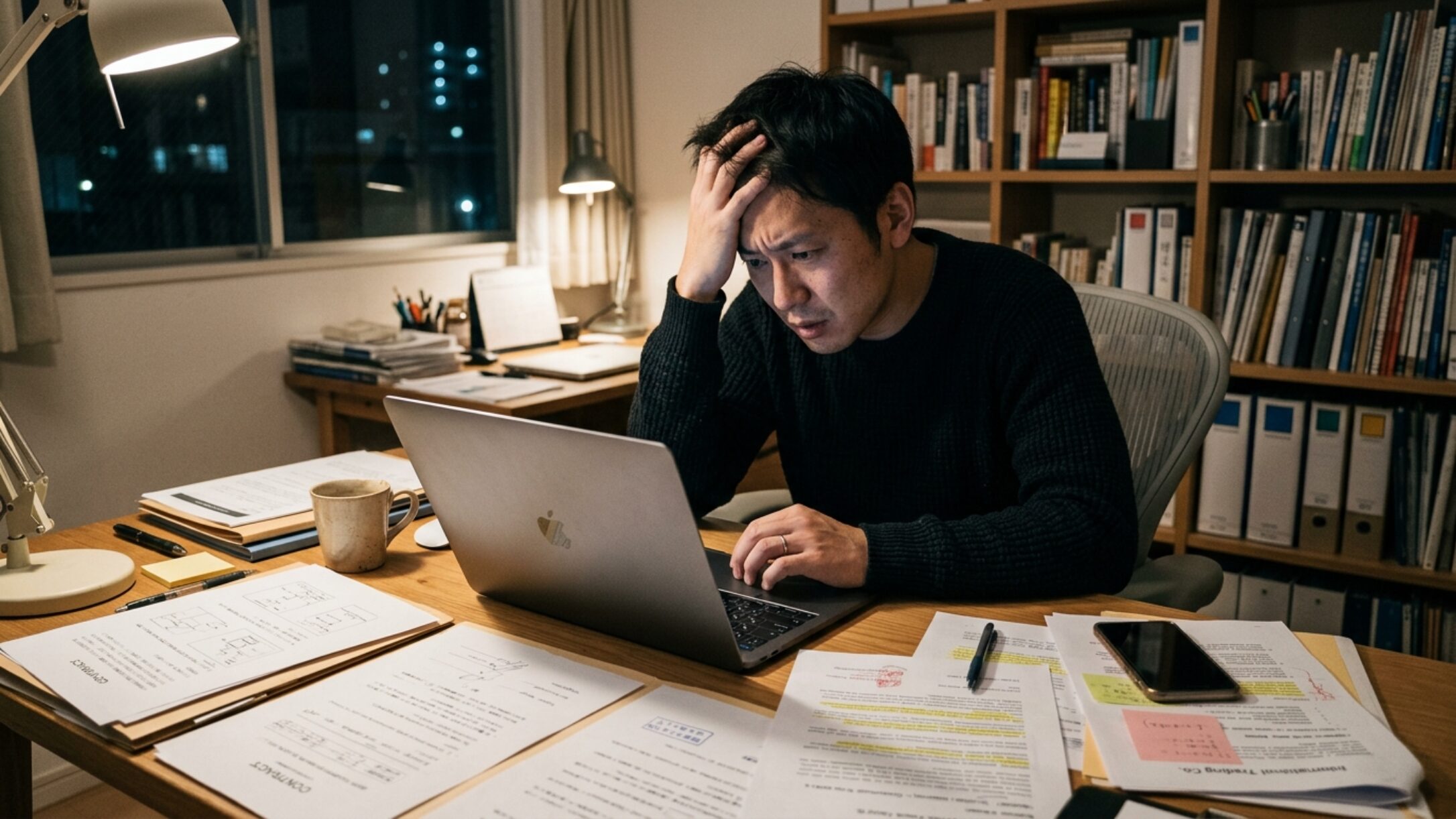 海外取引のメールを見ながら困った表情をする日本人男性とデスク上の契約書や請求書