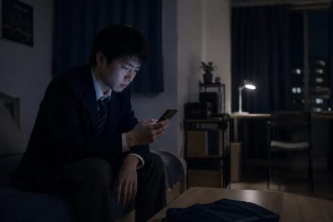 夜の部屋でスマートフォンを見つめる表情の暗い日本人男子高校生。孤立や悩みを抱えている様子。