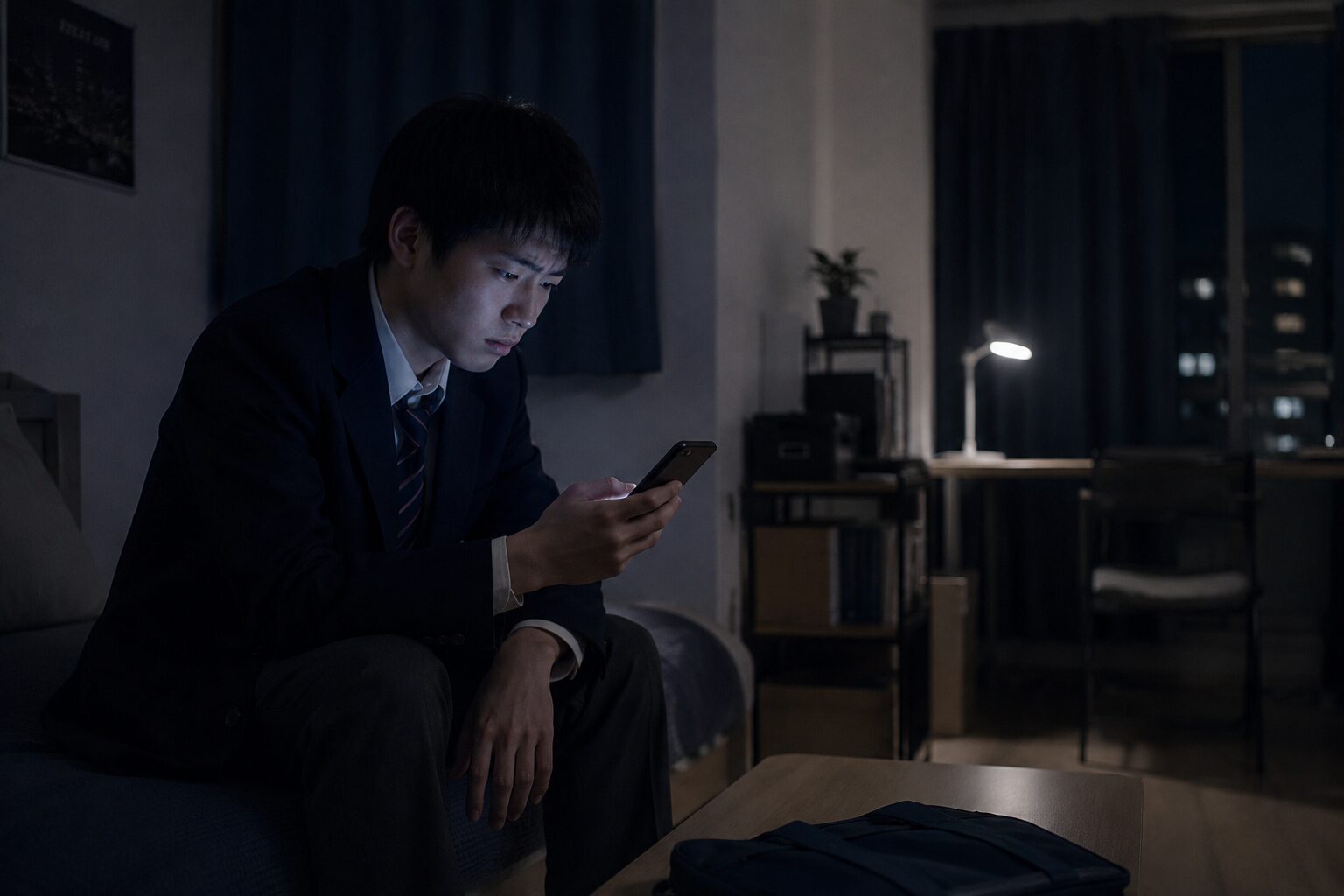 夜の部屋でスマートフォンを見つめる表情の暗い日本人男子高校生。孤立や悩みを抱えている様子。