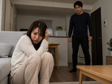 自宅のリビングで怯えた表情を浮かべる30代の日本人女性と、その背後に立つ威圧的な様子の男性