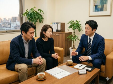 探偵事務所の応接室で調査費用について相談する40代夫婦と男性相談員