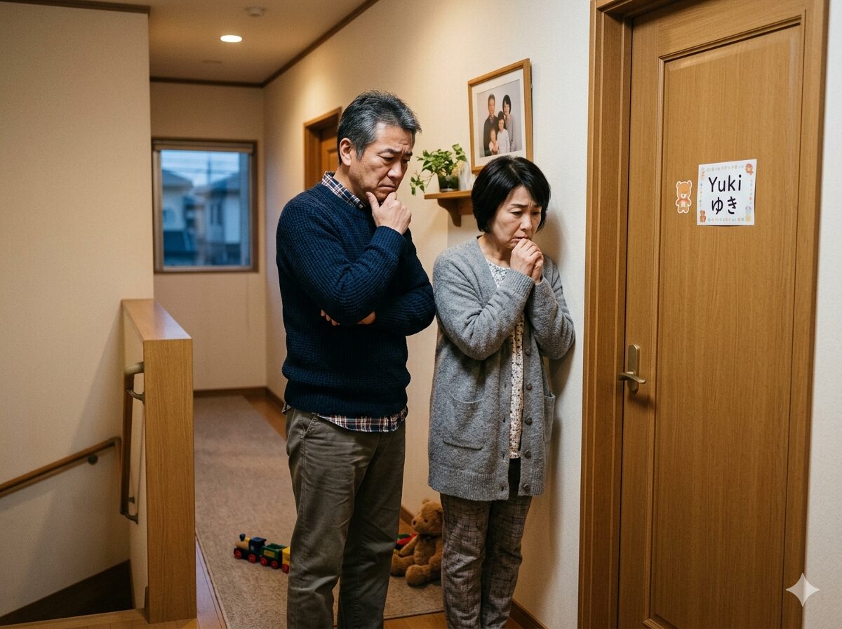 子ども部屋のドアの前で深刻な表情を浮かべる50代夫婦の様子
