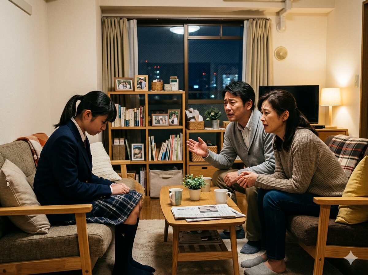 40代の両親がリビングで娘と向き合い、深刻な表情で話し合っている様子