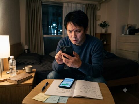 夜の寝室でスマートフォンを見つめながら、ロマンス詐欺の相手について悩む40代男性