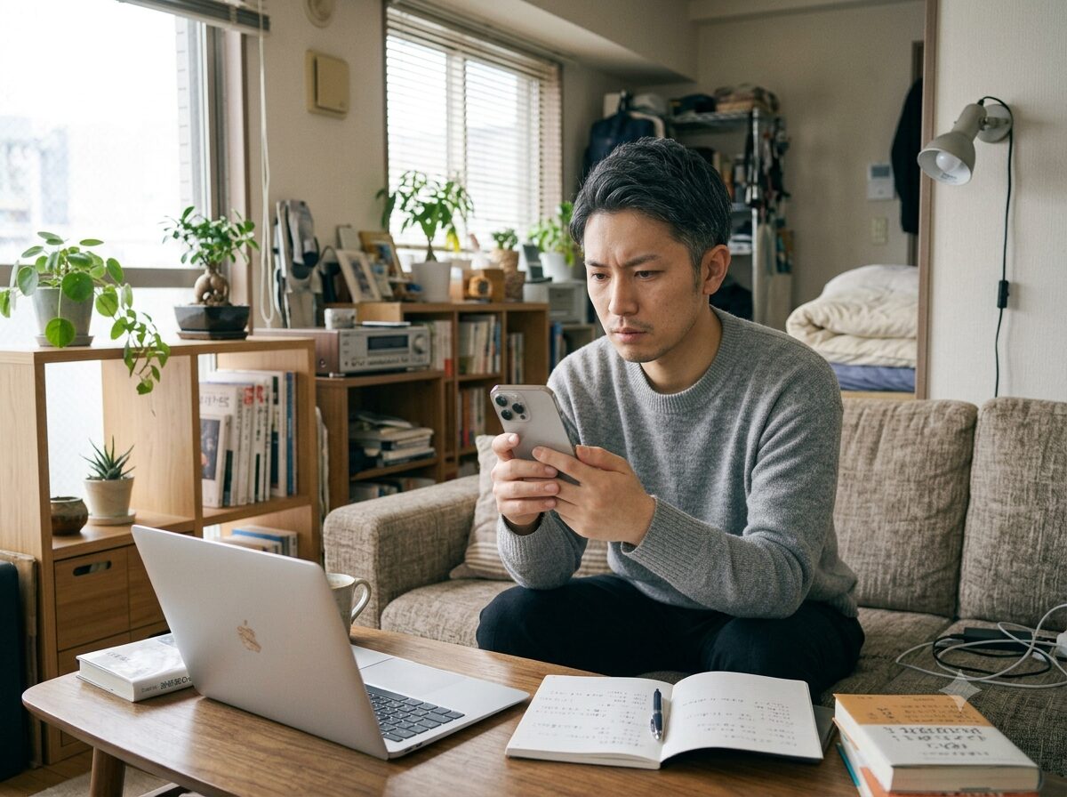 スマートフォンを見つめながら交際相手の身元に不安を感じる男性