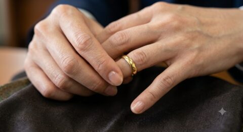 結婚指輪を静かに外す女性の手元。モラハラ離婚を決意し、新たな人生への一歩を象徴する場面。