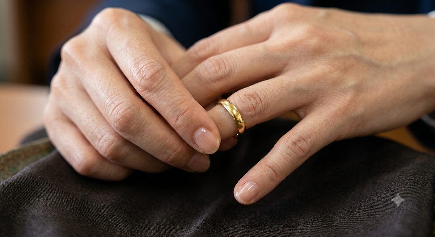 結婚指輪を静かに外す女性の手元。モラハラ離婚を決意し、新たな人生への一歩を象徴する場面。