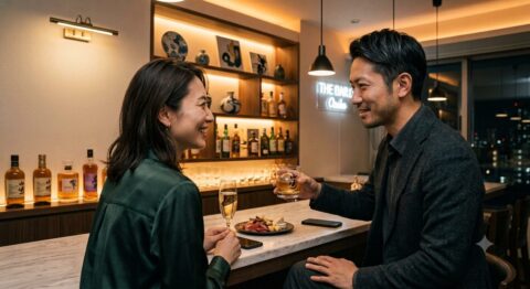 30代の男女がバーで向かい合い、笑顔でデートを楽しんでいる様子