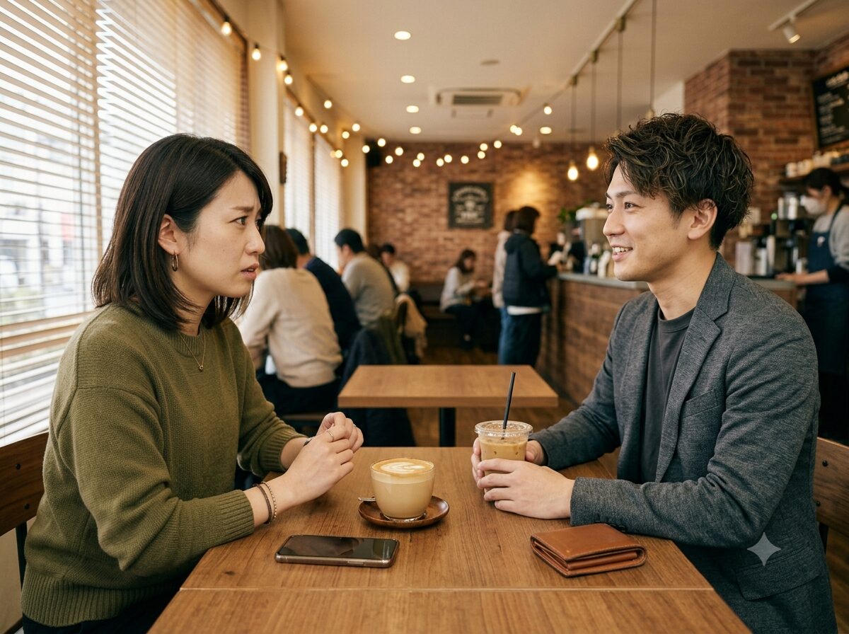カフェで男性と向かい合い、不安そうな表情で相手を見つめる女性