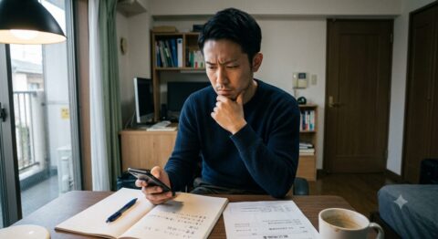 詐欺被害に遭い、スマートフォンと振込明細を見ながら返金方法について悩む30代の日本人男性