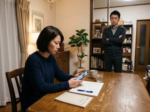夫のモラハラに悩み、スマートフォンを見ながら証拠を整理する30代女性と、後方で腕を組んで立つ夫のイメージ