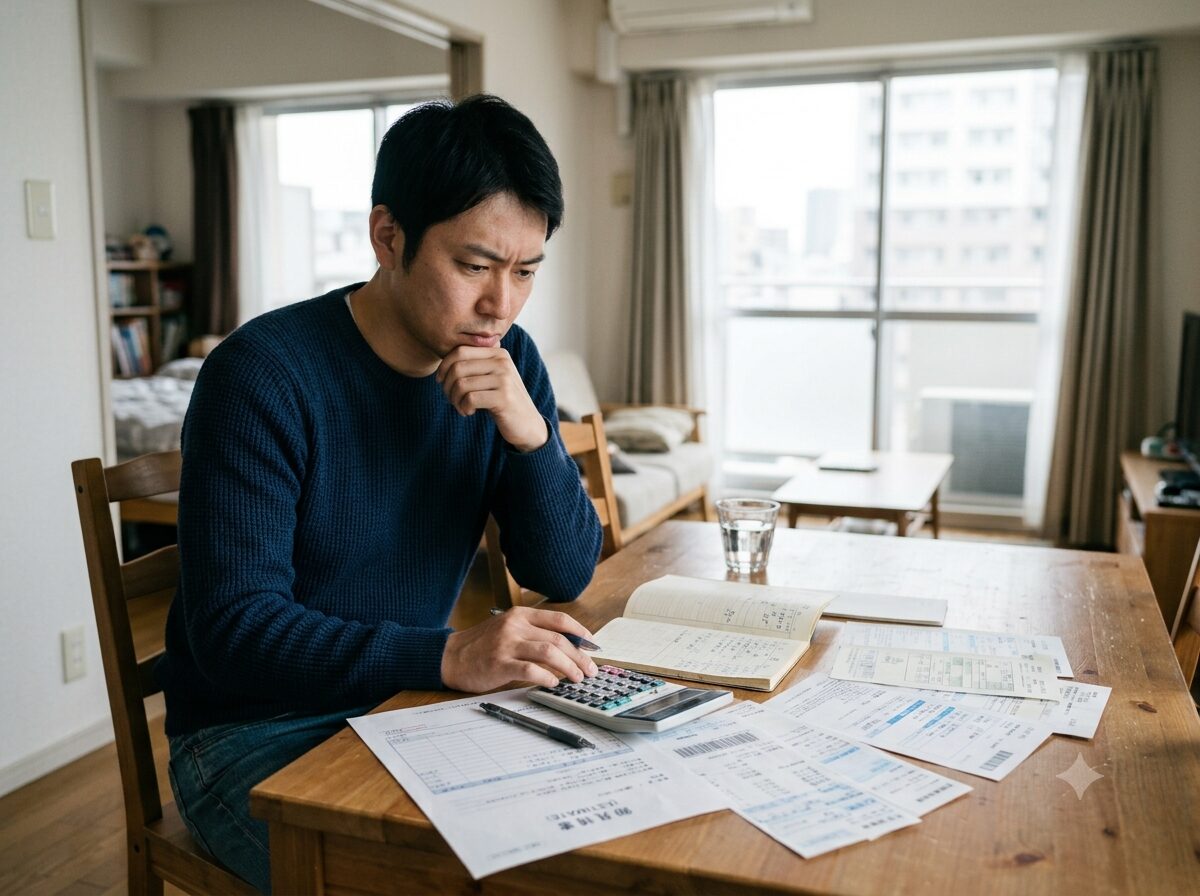 30代の日本人男性が自宅のダイニングテーブルで見積書や書類、電卓を前に真剣な表情で調査費用について考えている様子。