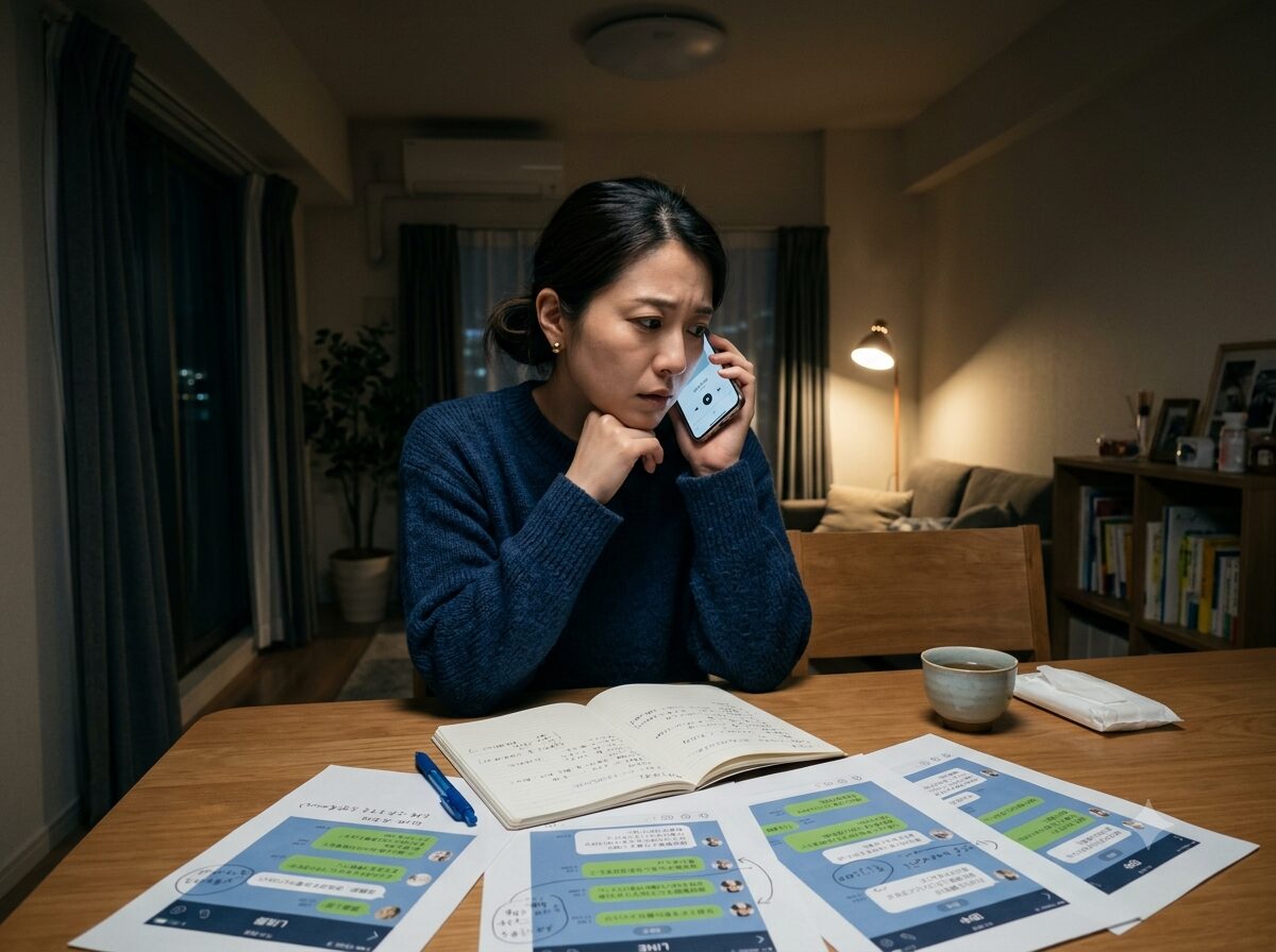 30代の日本人女性が自宅のダイニングテーブルでスマートフォンやノートを見ながら、モラハラの証拠を整理している様子