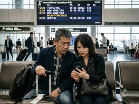 海外へ渡航した家族と連絡が取れず、不安そうにスマートフォンを見る夫婦